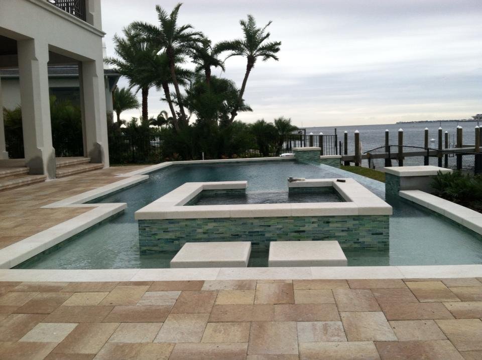 Pool and raised spa overlooking the waterfront